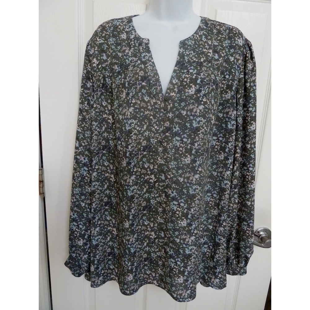 NYDJ Plus Sz 3X, 24W Pullover Dark Floral Tunic Blouse 1/4 Button Career Office